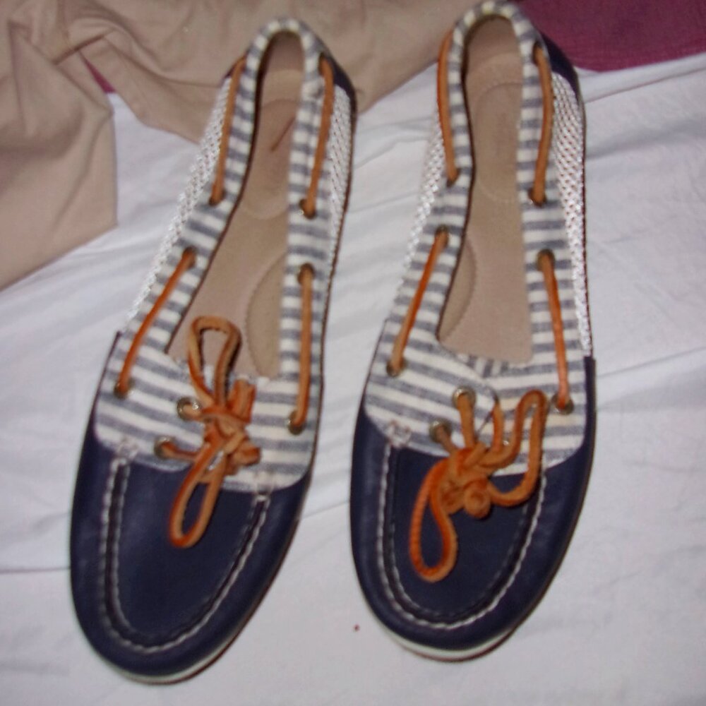 Sperry size 9 m faux leather shoes womens nine tan casual work wear flats blue